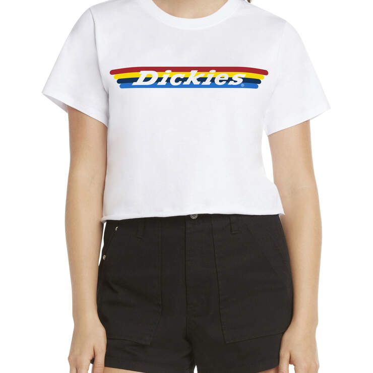 Dickies Girl Juniors' Vintage Rainbow Striped Cropped T-Shirt - White (WHT) image number 1