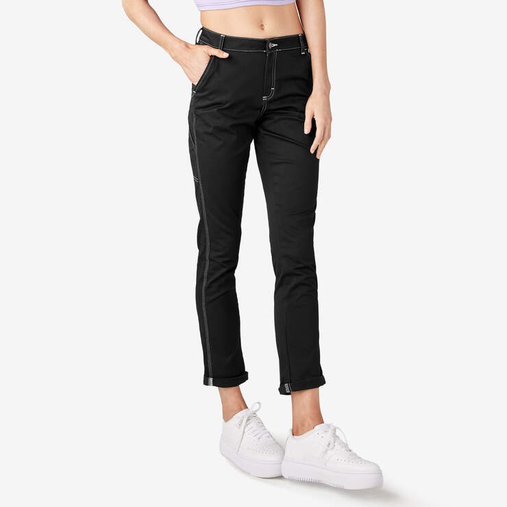 Women's Slim Straight Fit Roll Hem Carpenter Pants - Black (BKX) image number 4
