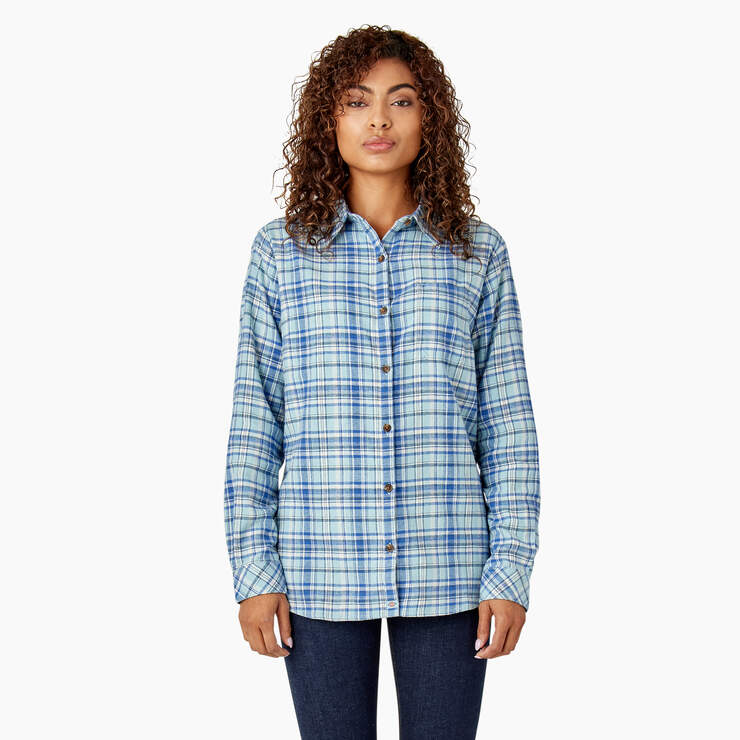 Women's Plaid Flannel Long Sleeve Shirt - Clear Blue/Orchard Plaid (B2Y) image number 1