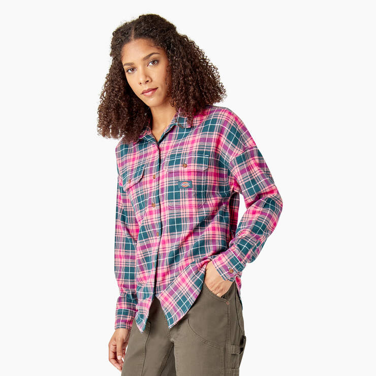 Women's Long Sleeve Flannel Shirt - Rosebud Dark Teal Plaid (UPT) image number 3
