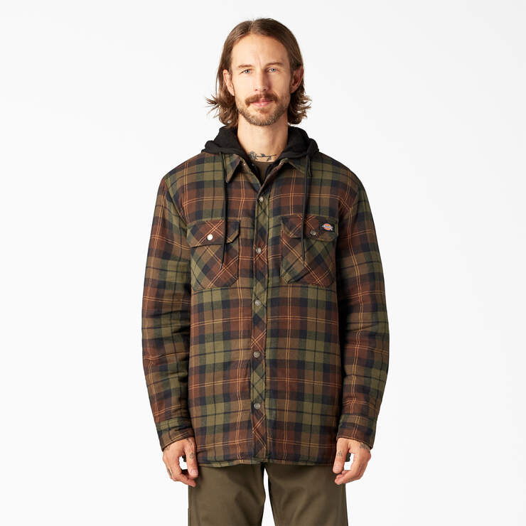 Flannel Hooded Shirt Jacket - Chocolate Tactical Green Plaid (POC) image number 1