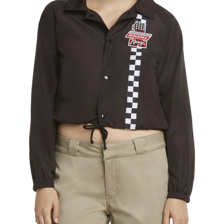 Dickies Girl Juniors' Checkered Striped Cropped Windbreaker Jacket - Black (BK) image number 1