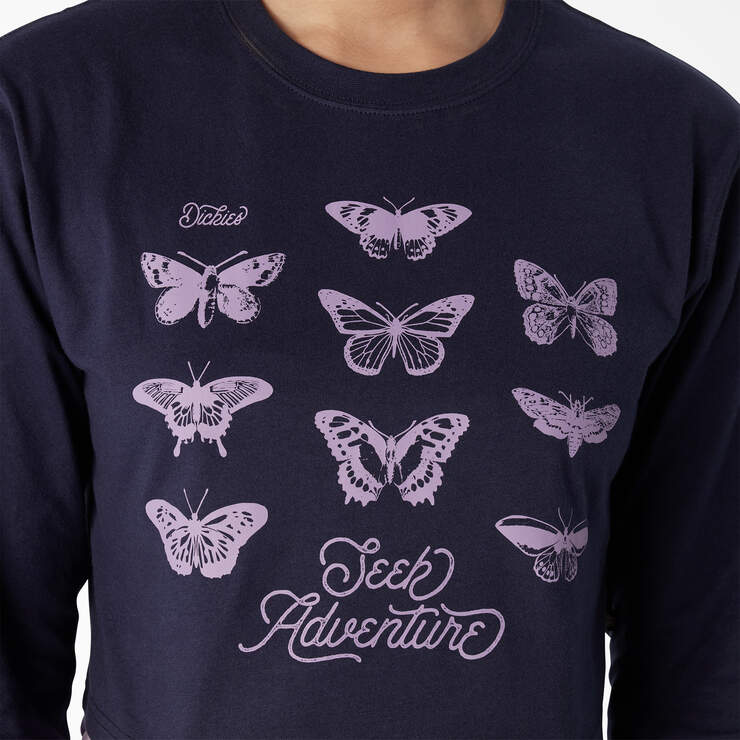 Women's Butterfly Graphic Long Sleeve Cropped T-Shirt - Ink Navy (IK) image number 5