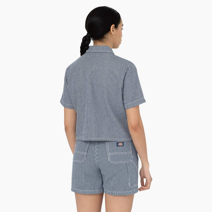Women's Hickory Stripe Cropped Work Shirt - Ecru/Airforce Blue (EUA) image number 2