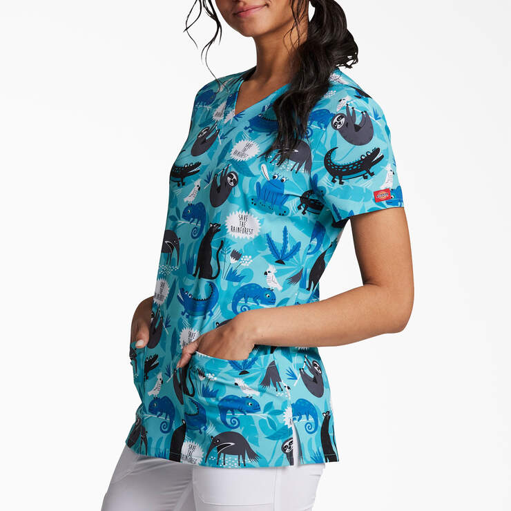 Women's EDS Print V-Neck Scrub Top - Save the Rainforest (S2T) image number 3