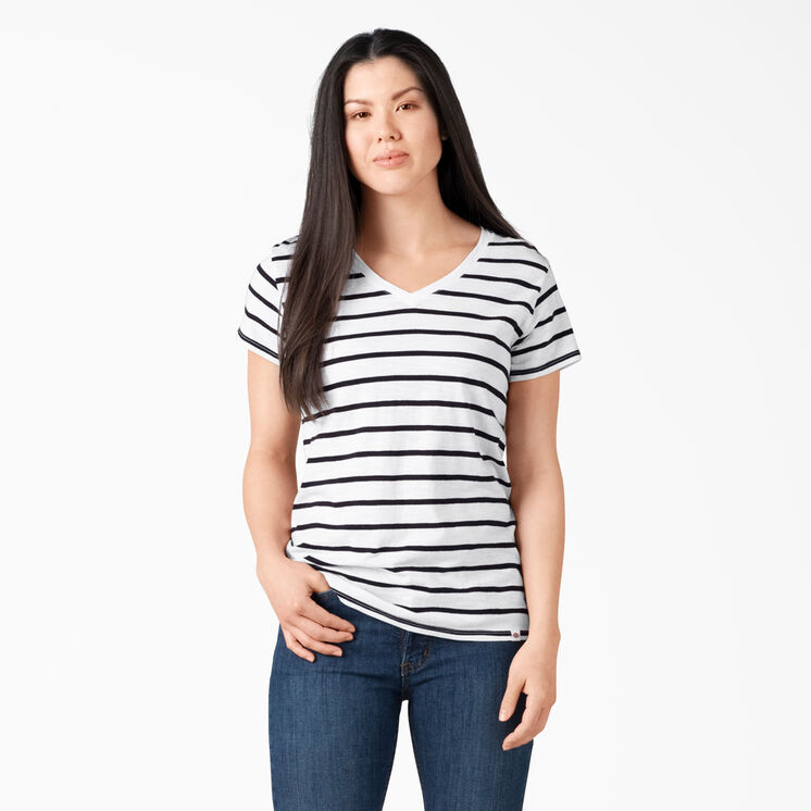 Women&#39;s Short Sleeve V-Neck T-Shirt - White Black Stripe &#40;WBS&#41;