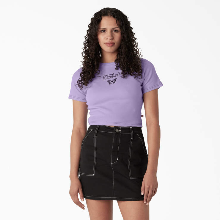 Women's Butterfly Graphic Cropped Baby T-Shirt - Purple Rose (UR2) image number 1