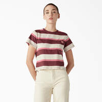 Women's Large Striped Cropped Pocket T-Shirt - Pink/Navy Collegiate Stripe (NSV)