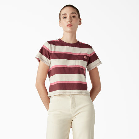 Women&#39;s Large Striped Cropped Pocket T-Shirt - Pink/Navy Collegiate Stripe &#40;NSV&#41;