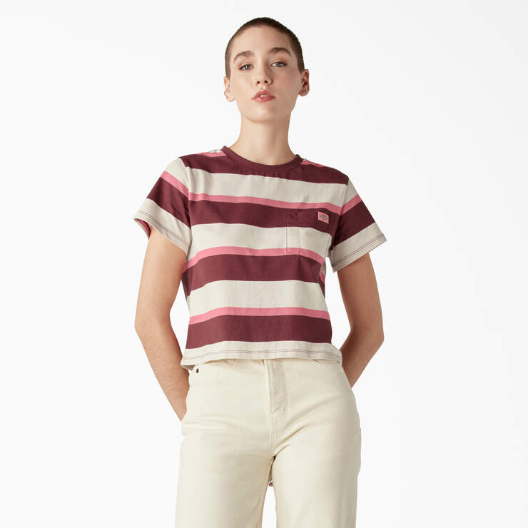 Women's Large Striped Cropped Pocket T-Shirt - Pink/Navy Collegiate Stripe (NSV) image number 1