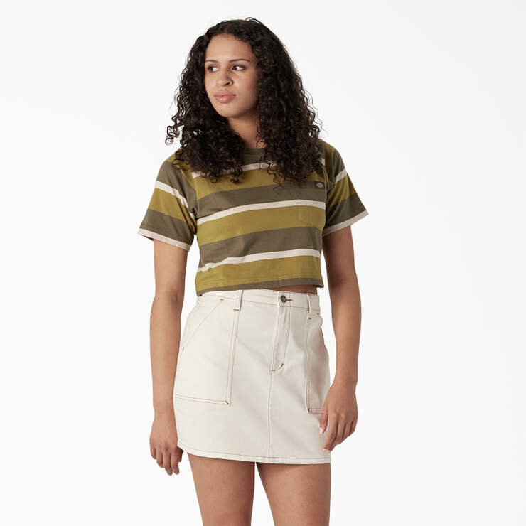 Women's Striped Cropped Pocket T-Shirt - Moss/Military Green Stripe (MMS) image number 1