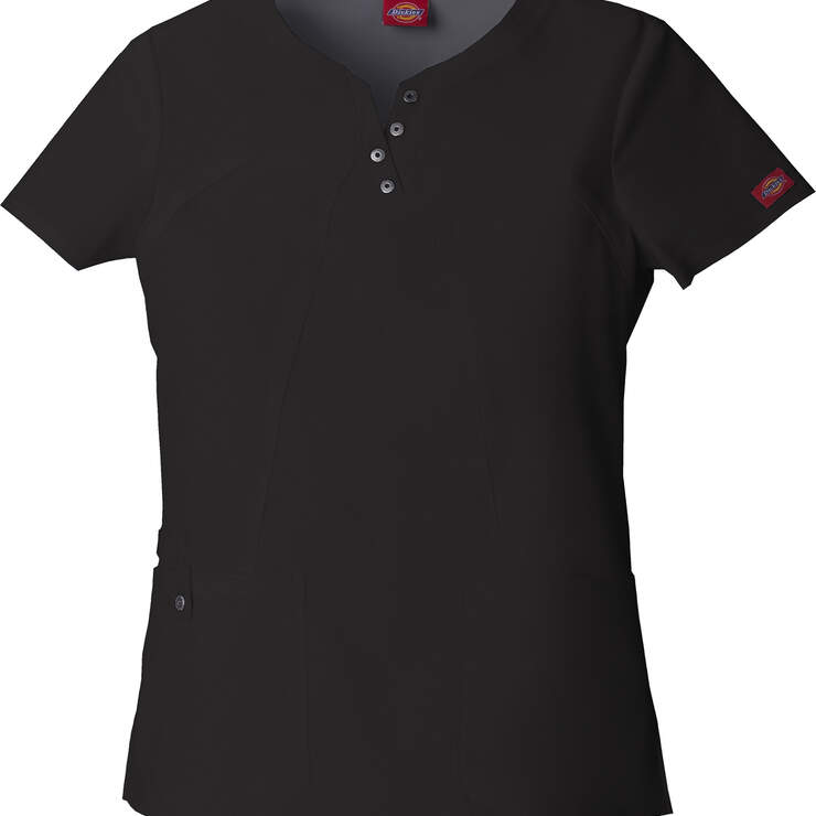 Women's Xtreme Stretch Notched Round Neck Scrub Top - Black (BLK) image number 1