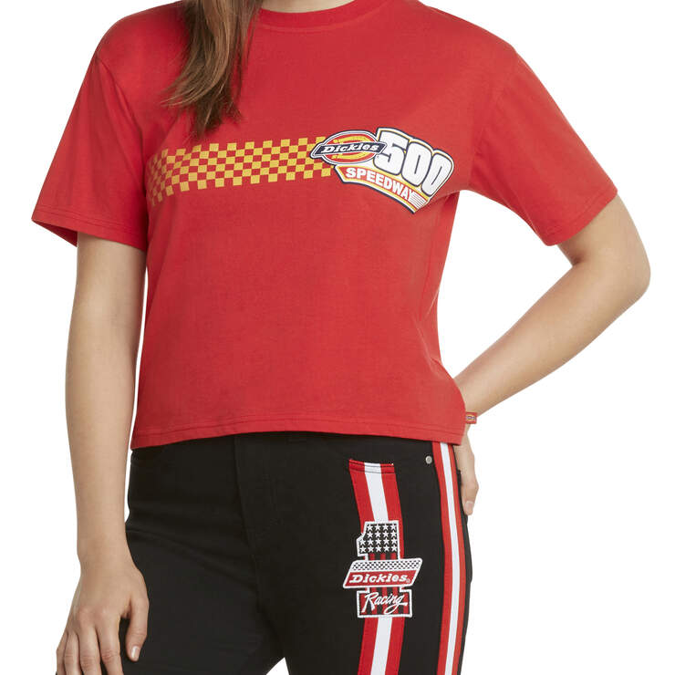 Dickies Girl Juniors' Short Sleeve Checkered Chest Striped T-Shirt - Red (RD) image number 1