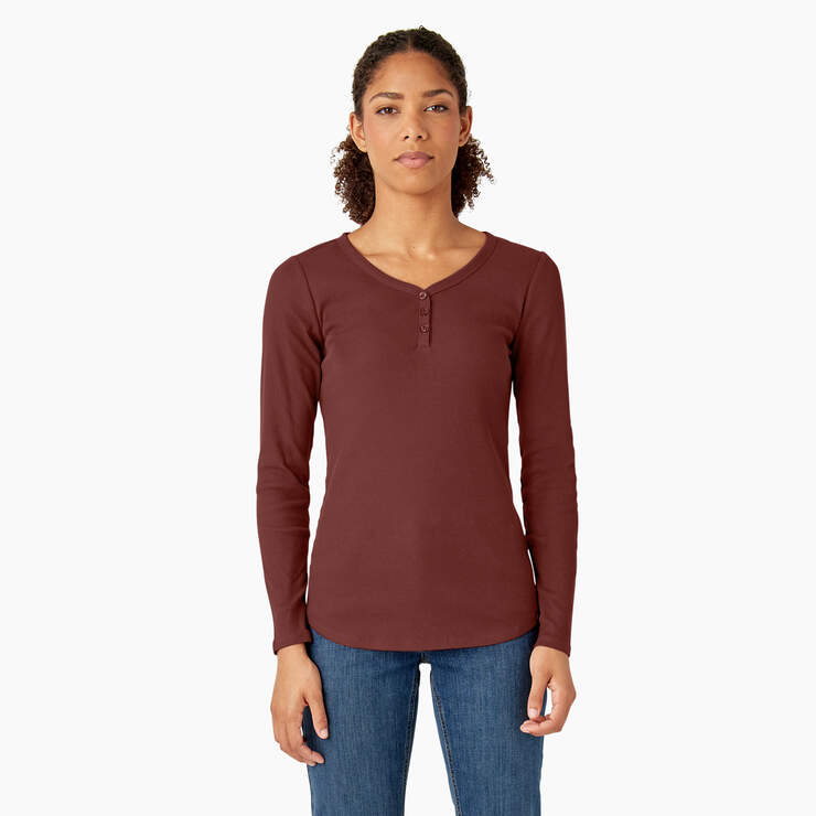Women's Henley Long Sleeve Shirt - Fired Brick (IK9) image number 1
