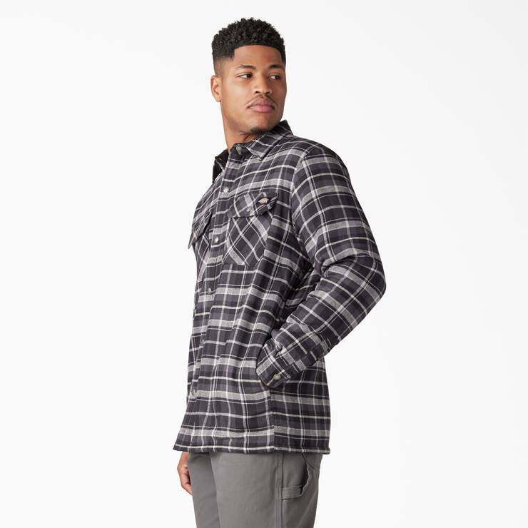 Water Repellent Fleece-Lined Flannel Shirt Jacket - Charcoal/Black Plaid (B1X) image number 3
