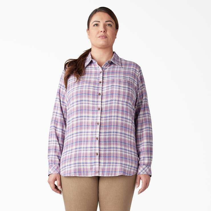 Women's Plus Long Sleeve Plaid Flannel Shirt - Grapeade/Orchard Plaid (B2J) image number 1