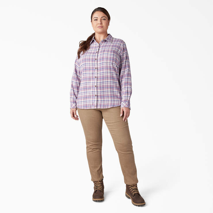 Women's Plus Long Sleeve Plaid Flannel Shirt - Grapeade/Orchard Plaid (B2J) image number 5