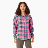 Women's Long Sleeve Flannel Shirt - Rosebud Dark Teal Plaid (UPT)