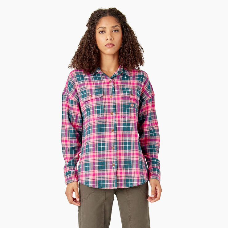 Women's Long Sleeve Flannel Shirt - Rosebud Dark Teal Plaid (UPT) image number 1