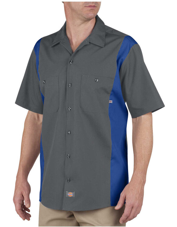Industrial Color Block Short Sleeve Shirt Charcoal Royal Blue L
