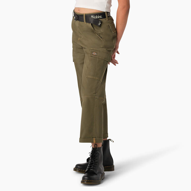 Women's Relaxed Fit Contrast Stitch Cropped Cargo Pants - Military Green (ML) image number 3