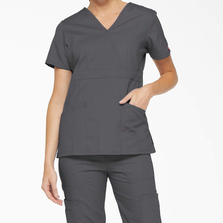 Women's EDS Signature Mock Wrap Scrub Top - Pewter Gray (PEW) image number 1