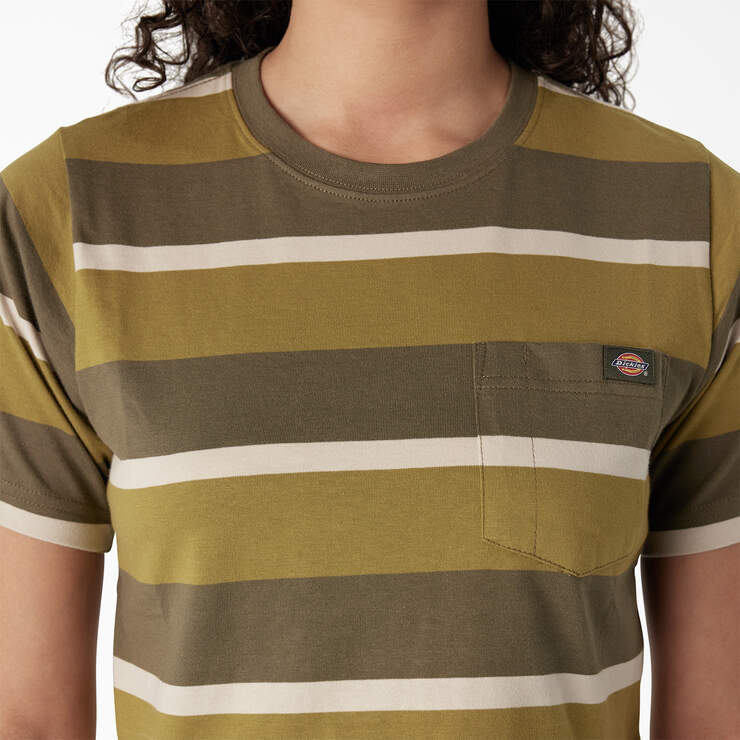 Women's Striped Cropped Pocket T-Shirt - Moss/Military Green Stripe (MMS) image number 5