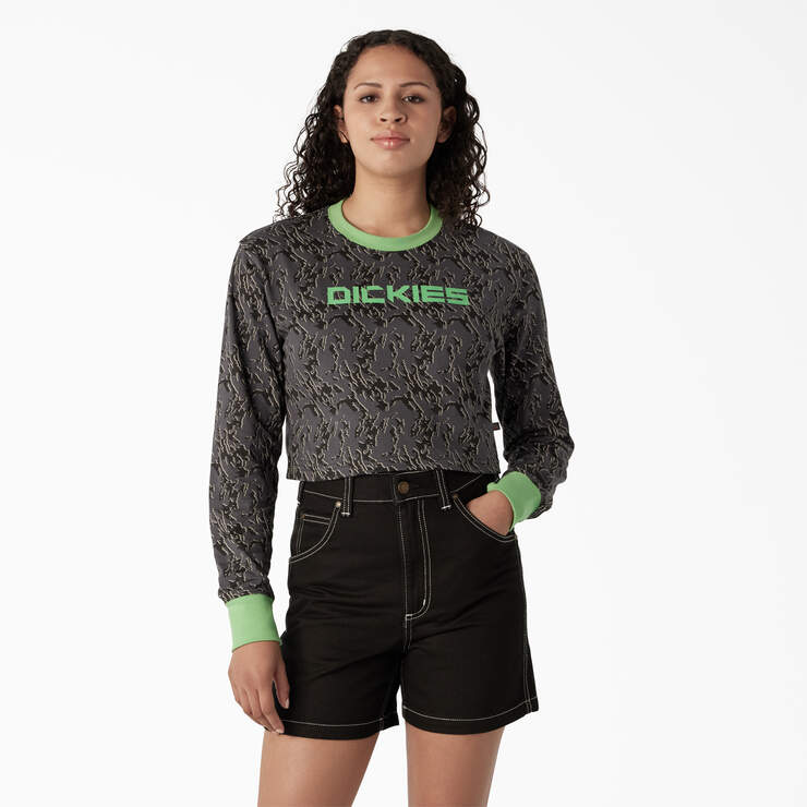 Women's Camo Long Sleeve Cropped T-Shirt - Charcoal Glitch Camo (HTC) image number 1