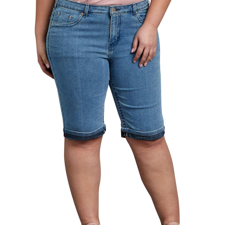 Womens' Plus Slim Fit 13" Stretch Denim 5-Pocket Shorts - Stonewashed Light Blue (LSW) image number 1