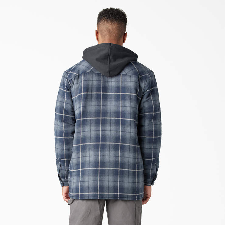 Water Repellent Flannel Hooded Shirt Jacket - Navy Storm Ombre Plaid (C1H) image number 2