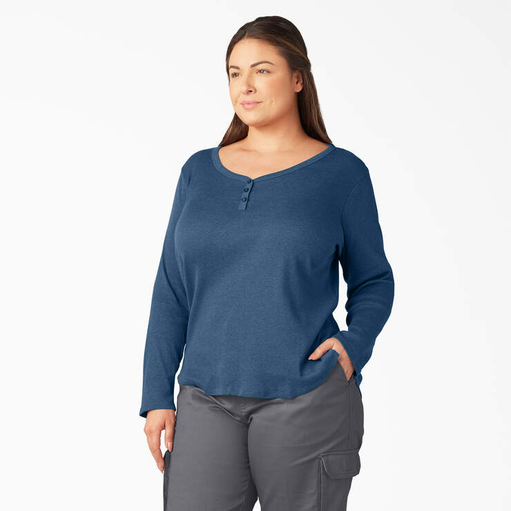 Women's Plus Henley Long Sleeve Shirt - Dark Denim Blue (DMD) image number 3