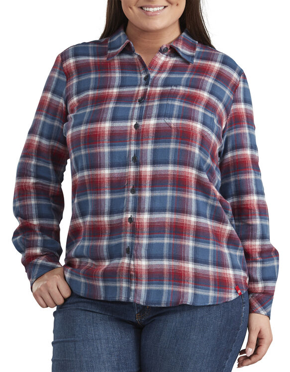 Women&#39;s Plus Size Long Sleeve Plaid Flannel Shirt - Red Navy Plaid &#40;GIA&#41;