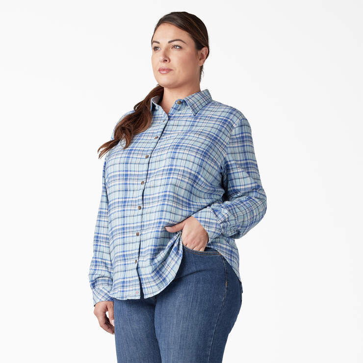 Women's Plus Long Sleeve Plaid Flannel Shirt - Clear Blue/Orchard Plaid (B2Y) image number 3