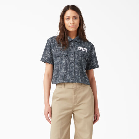 Women&#39;s Cropped Short Sleeve Work Shirt - Rinsed Navy Crosshatch &#40;R2A&#41;