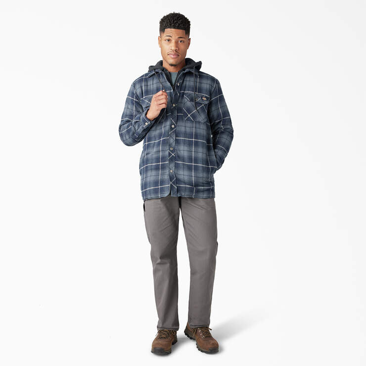 Water Repellent Flannel Hooded Shirt Jacket - Navy Storm Ombre Plaid (C1H) image number 4