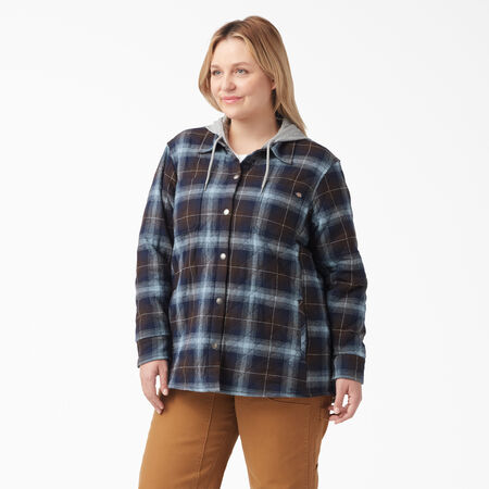 Women&#39;s Plus Flannel Hooded Shirt Jacket - Clear Blue/Brown Ombre Plaid &#40;A1G&#41;