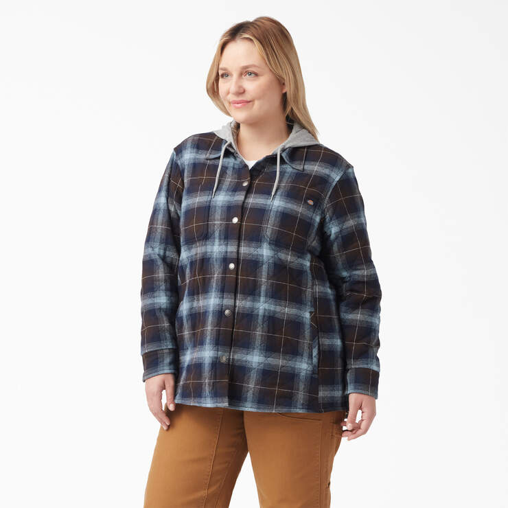 Women’s Plus Flannel Hooded Shirt Jacket - Clear Blue/Brown Ombre Plaid (A1G) image number 1