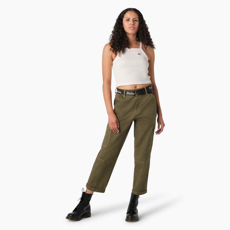 Women's Relaxed Fit Contrast Stitch Cropped Cargo Pants - Military Green (ML) image number 4