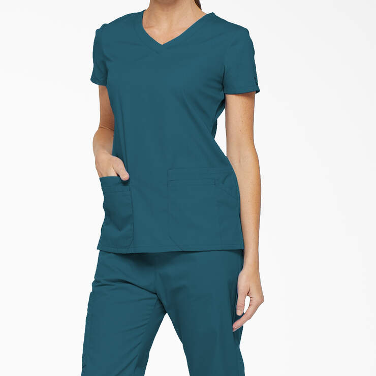 Women's EDS Signature V-Neck Scrub Top with Pen Slot - Caribbean Blue (CRB) image number 3