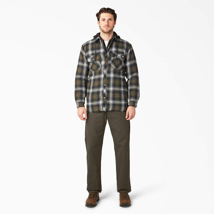Water Repellent Flannel Hooded Shirt Jacket - Dark Olive/Black Plaid (A2A) image number 4