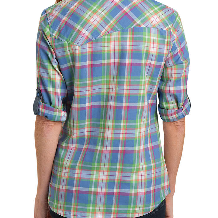 Women's Quarter Sleeve Plaid Roll-Up Shirt - Green Blue Plaid (OJP) image number 2