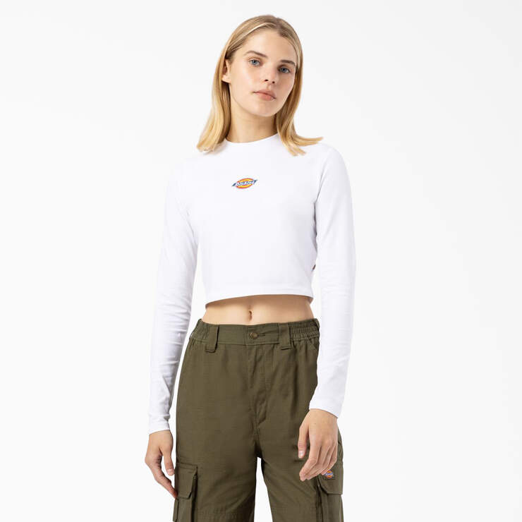 Women's Maple Valley Logo Long Sleeve Cropped T-Shirt - White (WH) image number 1