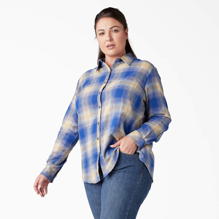 Women's Plus Long Sleeve Plaid Flannel Shirt - Surf Blue/Fireside Ombre Plaid (C1J) image number 3