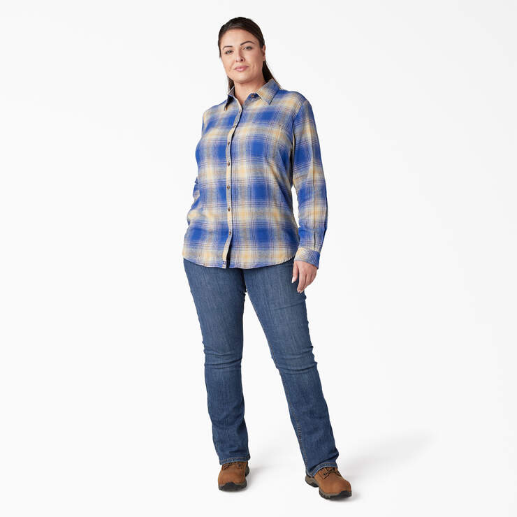 Women's Plus Long Sleeve Plaid Flannel Shirt - Surf Blue/Fireside Ombre Plaid (C1J) image number 5