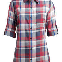 Womens' Quarter Sleeve Roll-up Plaid Shirt (Plus) - Blue Red Plaid (PRU)