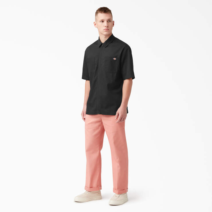 Mixed Media Zip Front Short Sleeve Work Shirt - Black (BKX) image number 4