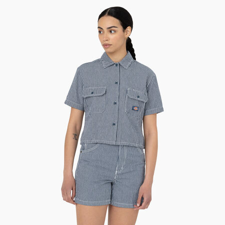 Women&rsquo;s Cropped Hickory Stripe Work Shirt - Ecru/Airforce Blue &#40;EUA&#41;