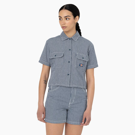 Women&#39;s Hickory Stripe Cropped Work Shirt - Ecru/Airforce Blue &#40;EUA&#41;