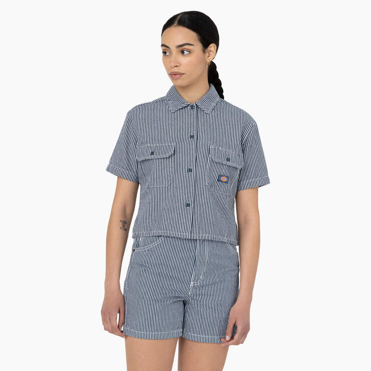 Women's Hickory Stripe Cropped Work Shirt - Ecru/Airforce Blue (EUA) image number 1