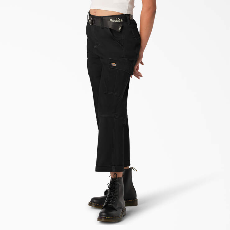 Women's Relaxed Fit Contrast Stitch Cropped Cargo Pants - Black (BKX) image number 3